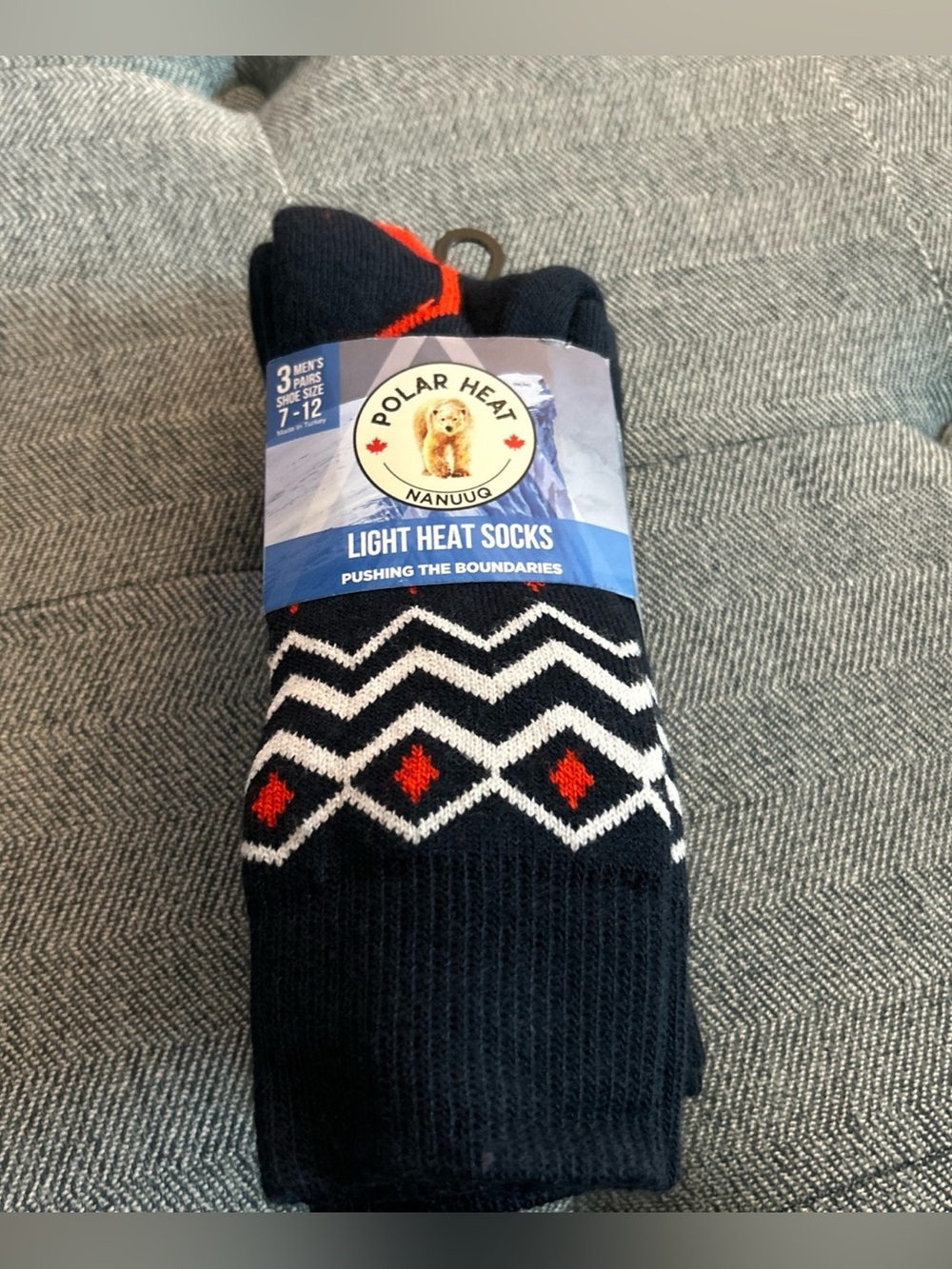 Polar Heat Socks for Men, 3 Pairs Light Heat Crew Socks, Navy/Red, Size 7-12
